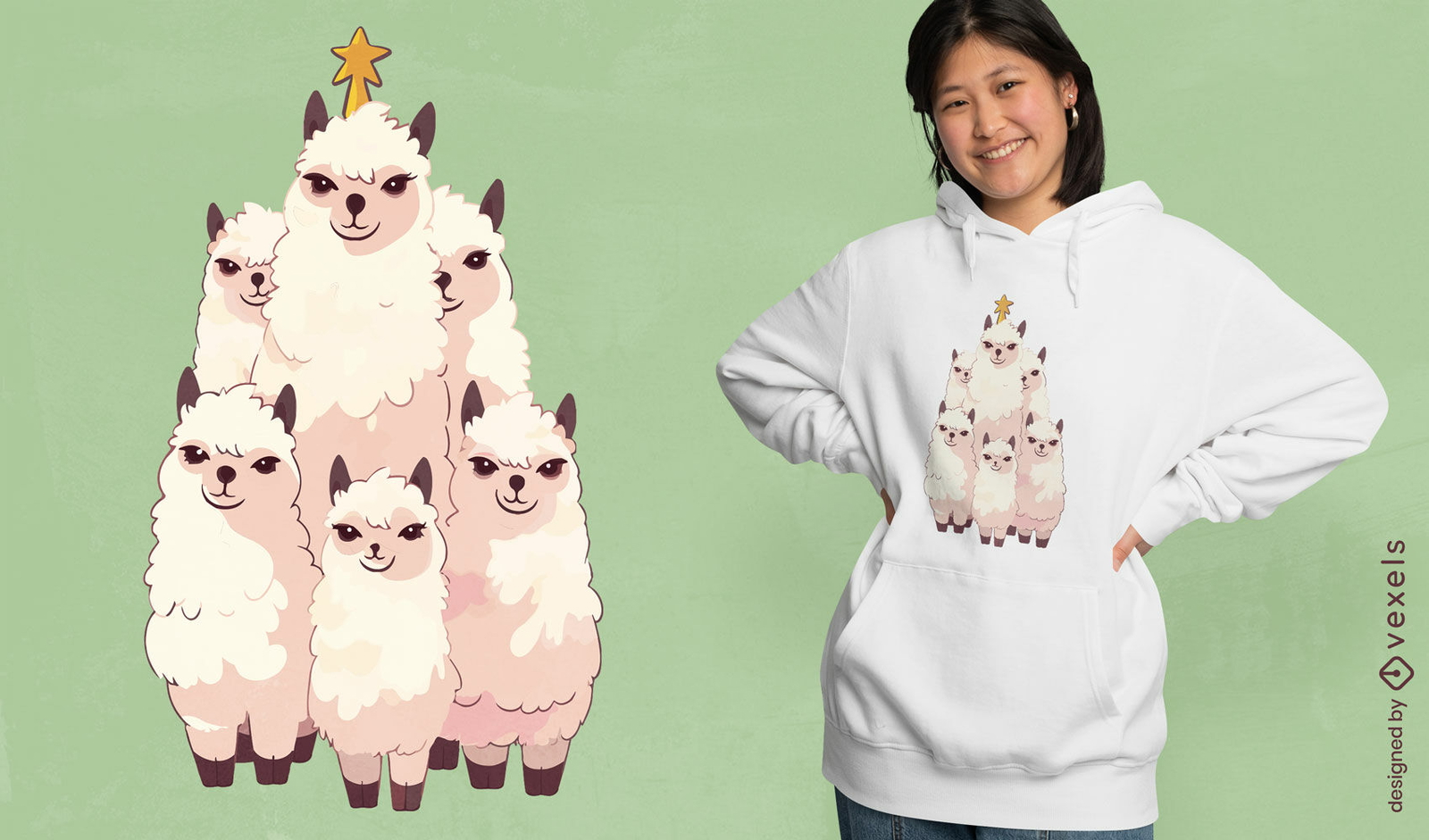 Diseño de camiseta llama árbol de navidad.