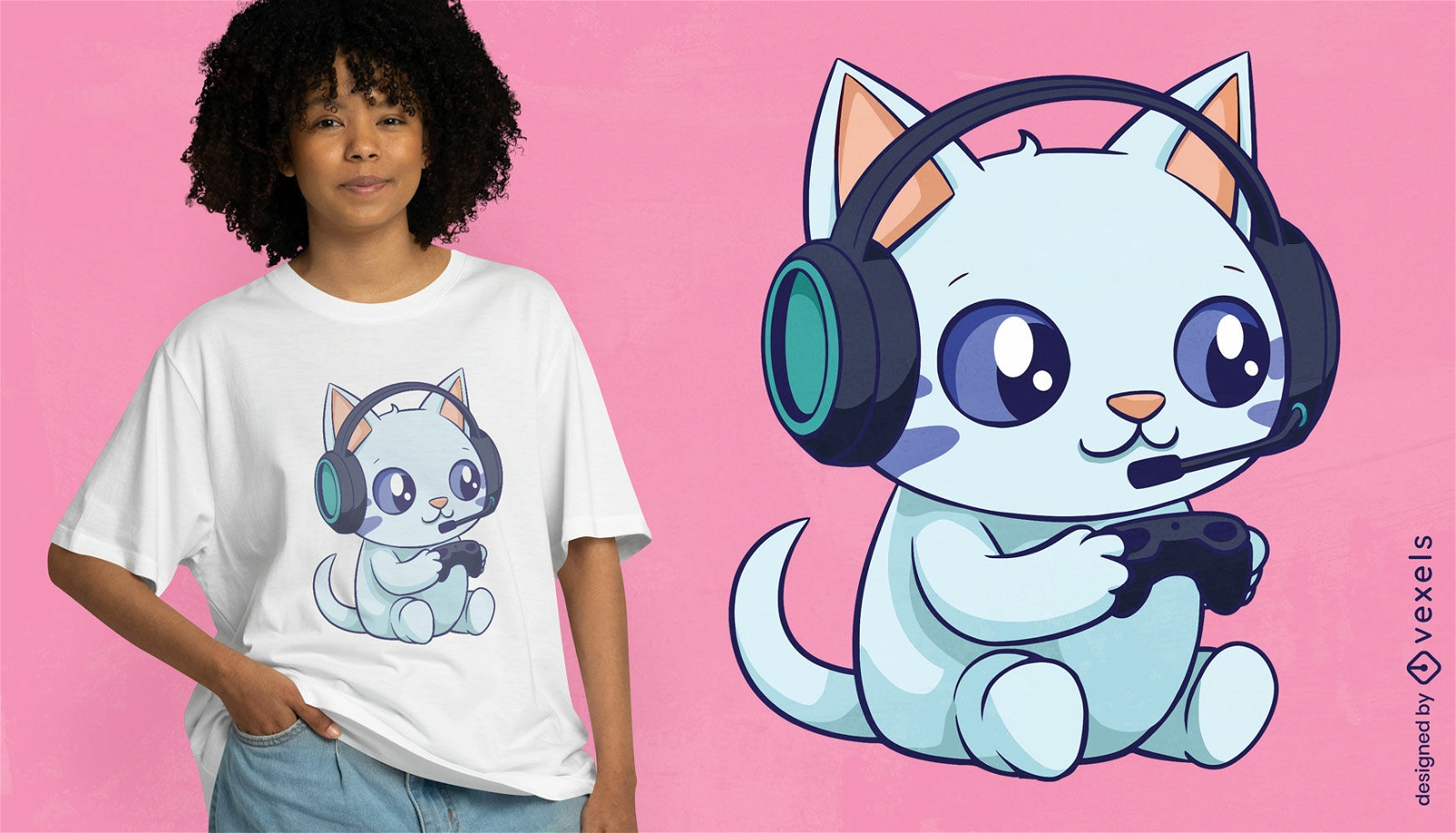 Design fofo de camiseta de desenho animado de gato gamer