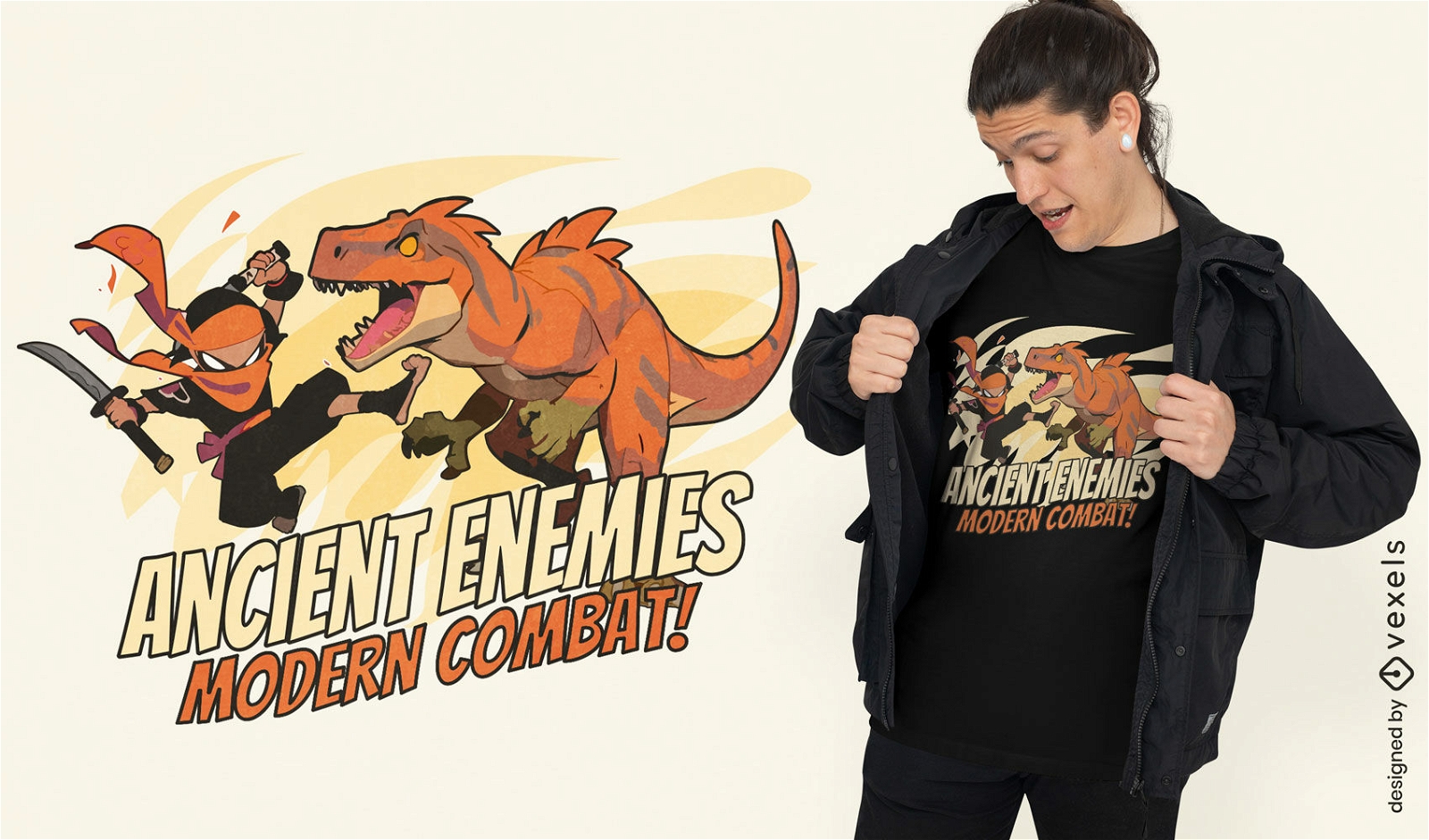 Diseño de camiseta de lucha de ninjas y dinosaurios.