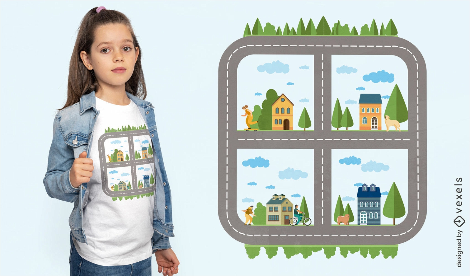 Diseño de camiseta infantil Camino con casas.