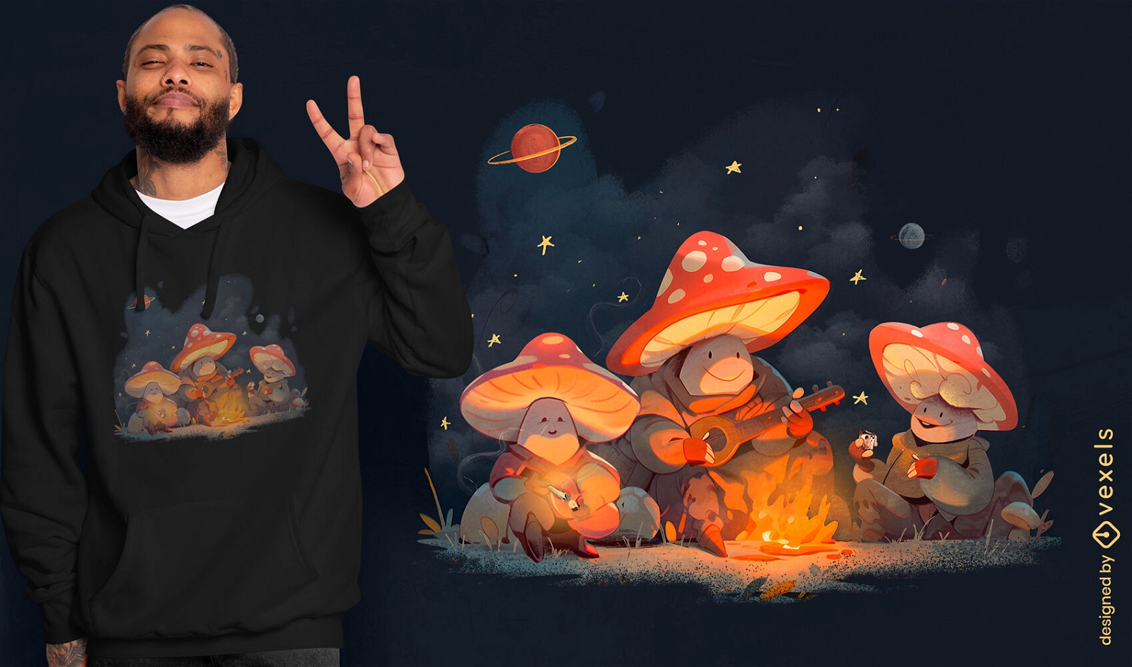 Design de camiseta fantasia de acampamento de cogumelo