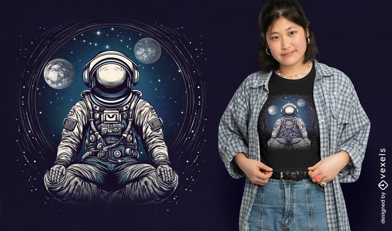 Diseño de camiseta de astronauta meditando.