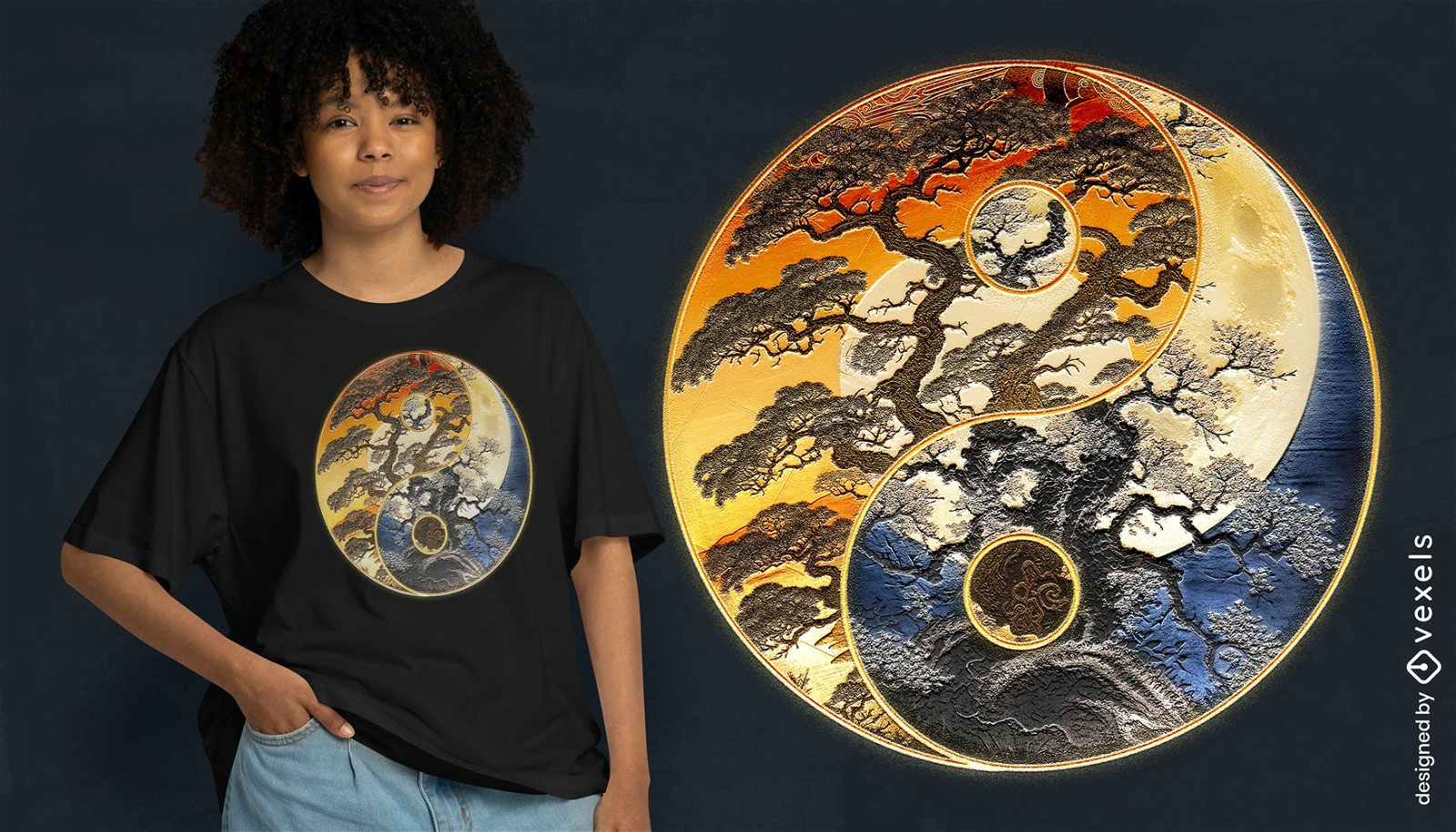 Yin Yang mit Lebensbaum-T-Shirt-Design