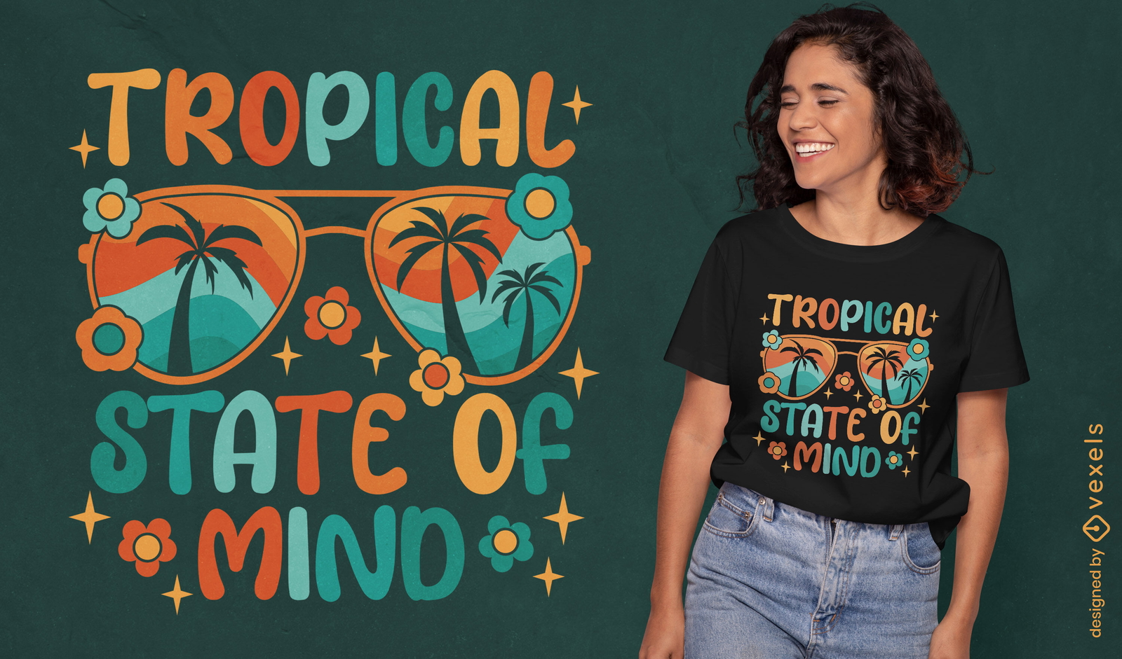 Diseño de camiseta tropical con gafas de sol.