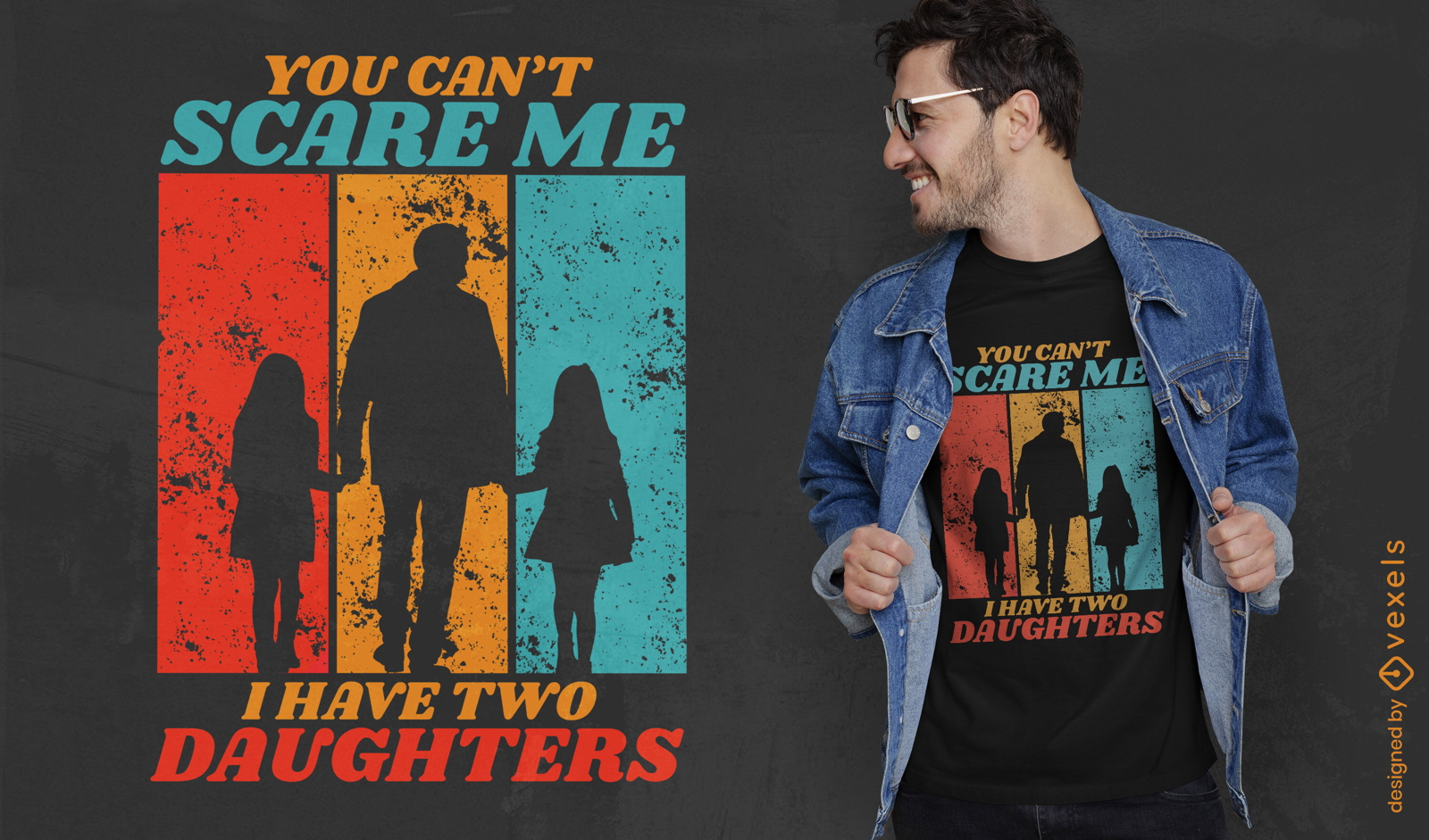 Pai com design de camiseta de duas filhas
