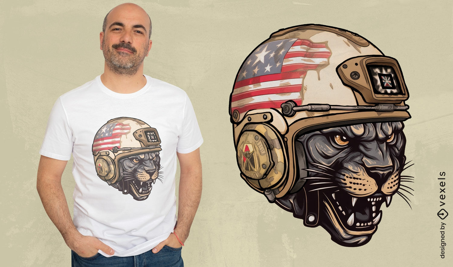Diseño de camiseta de casco de pantera patriótica.