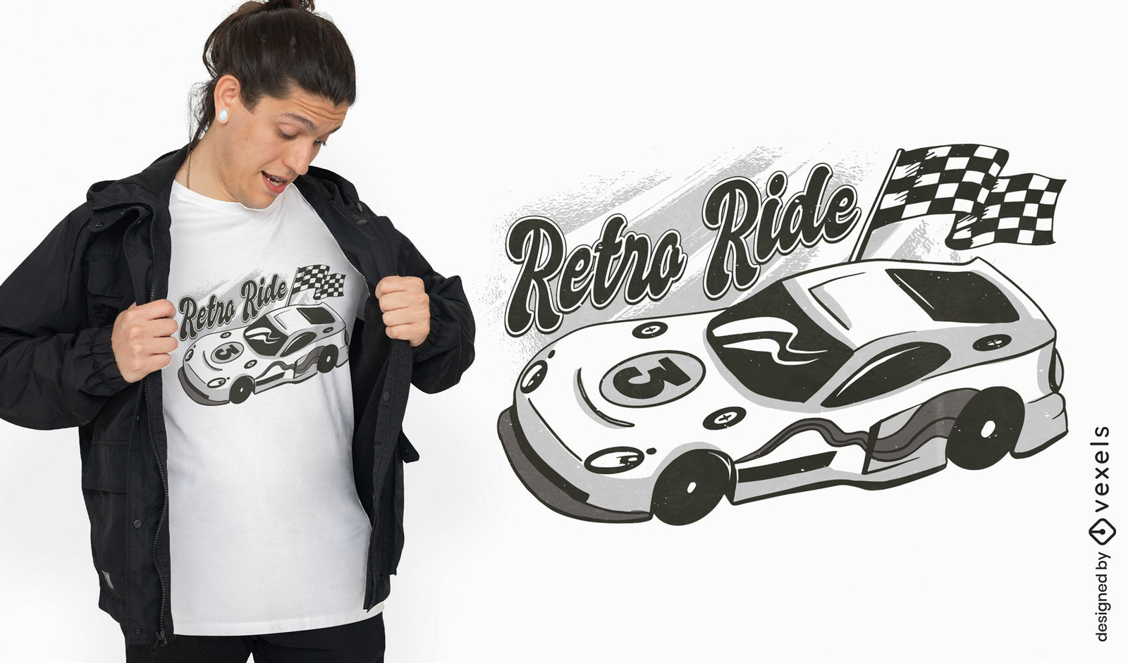 Diseño de camiseta en blanco y negro de coche de carreras.