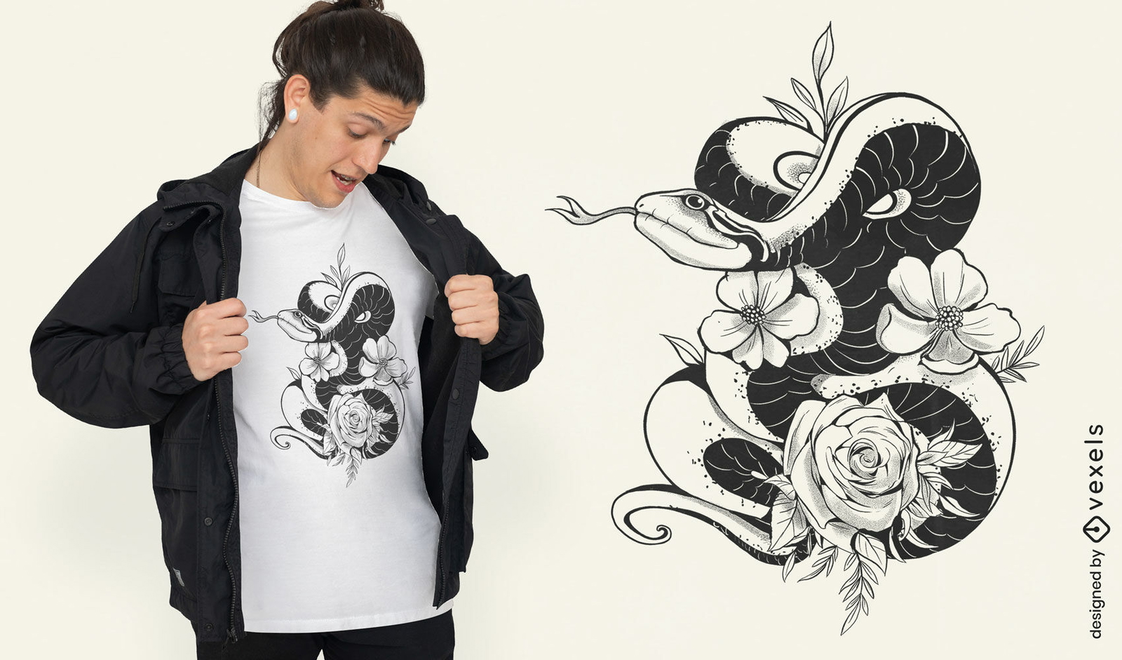 Diseño de camiseta con tatuaje de serpiente y flores.