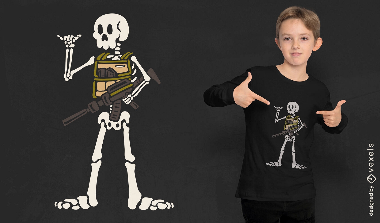 Desenho de camiseta de soldado esqueleto com arma