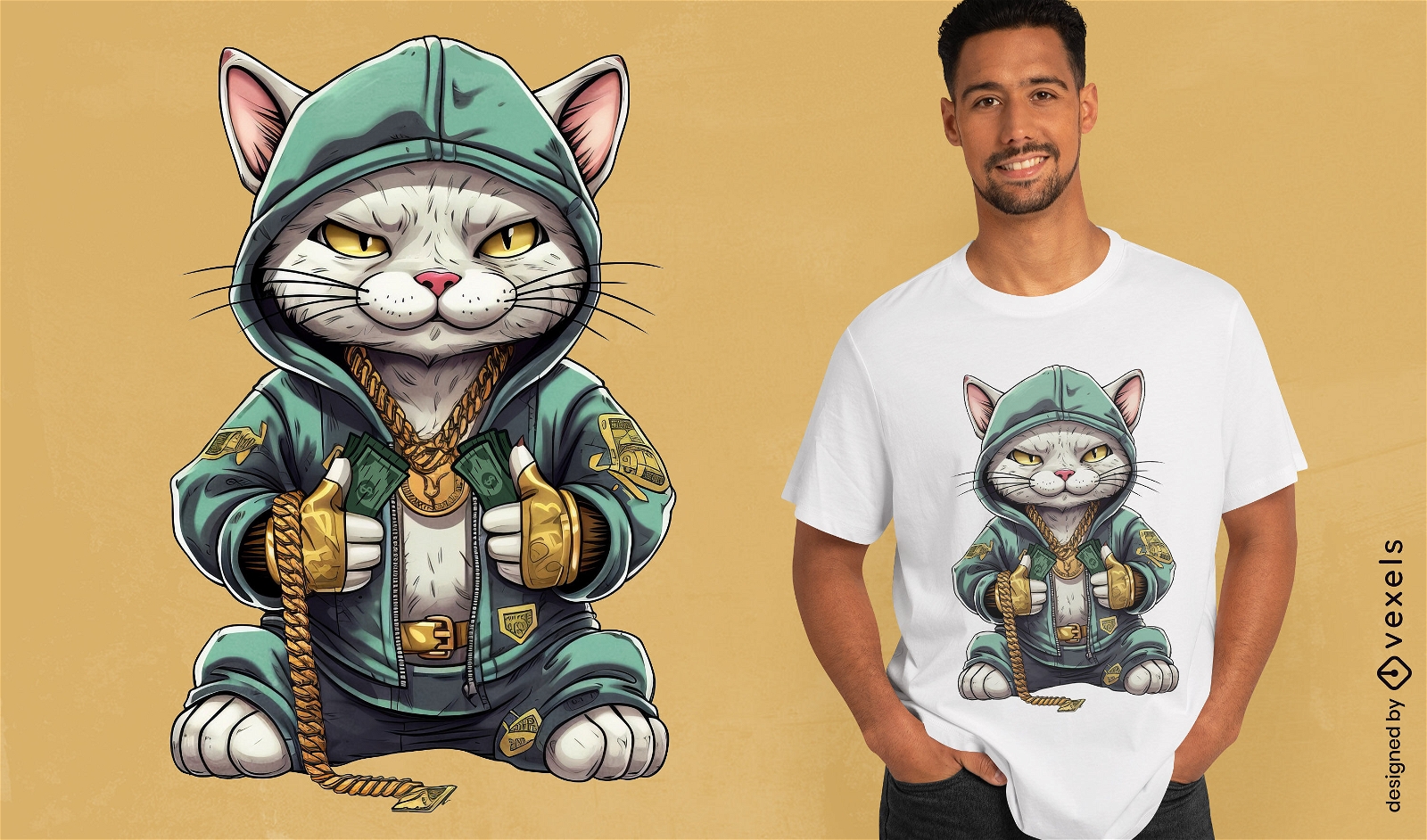 Diseño de camiseta de gato hip hop
