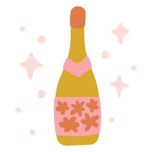 Diseño divertido de botella de champán con detalles florales. Diseño PNG