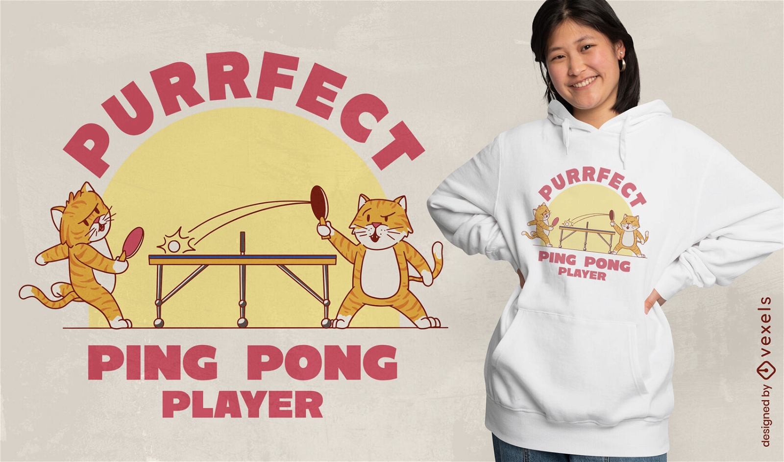 Diseño de camiseta de gatos jugando al ping pong.