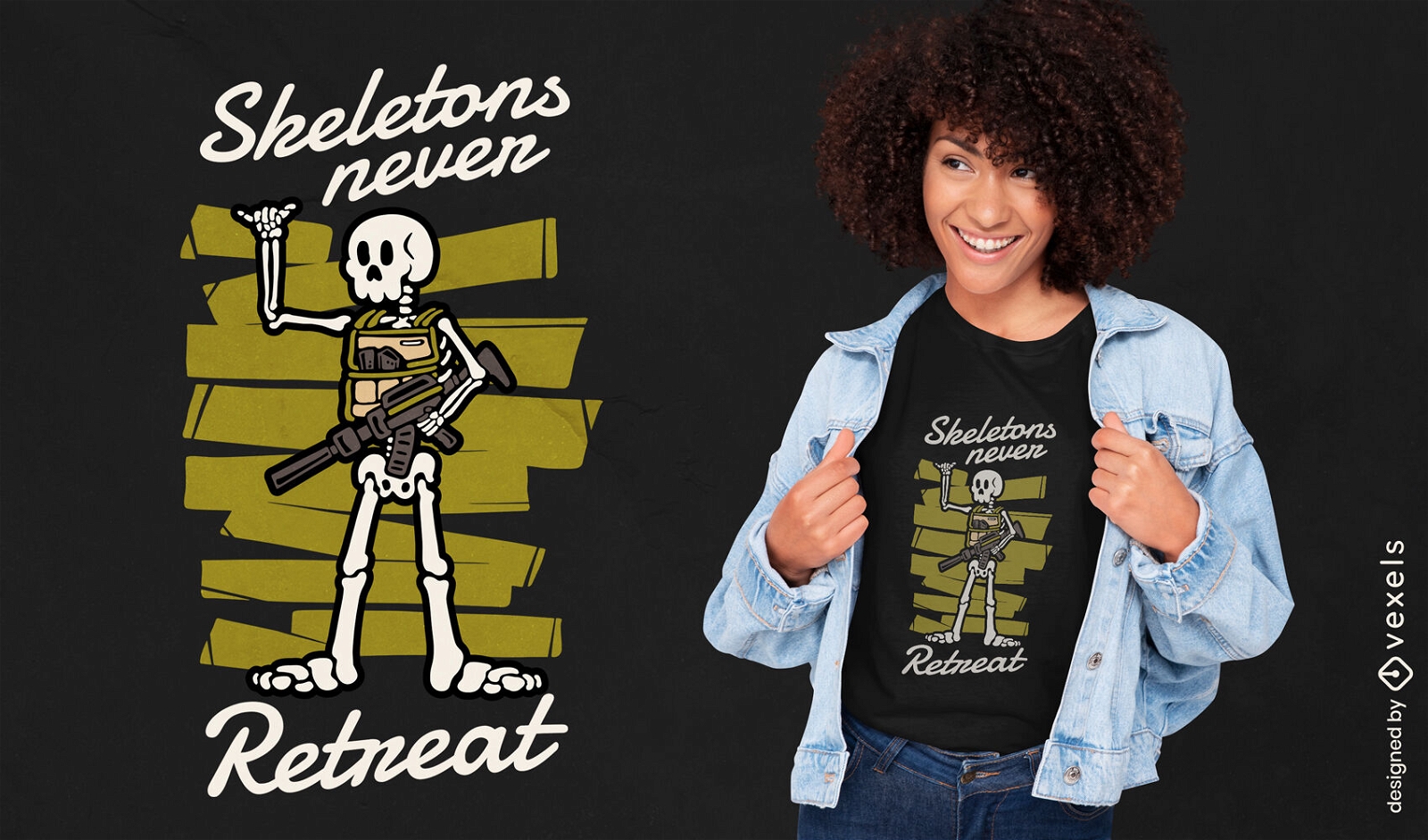 Design de camiseta de desenho animado de soldado esqueleto