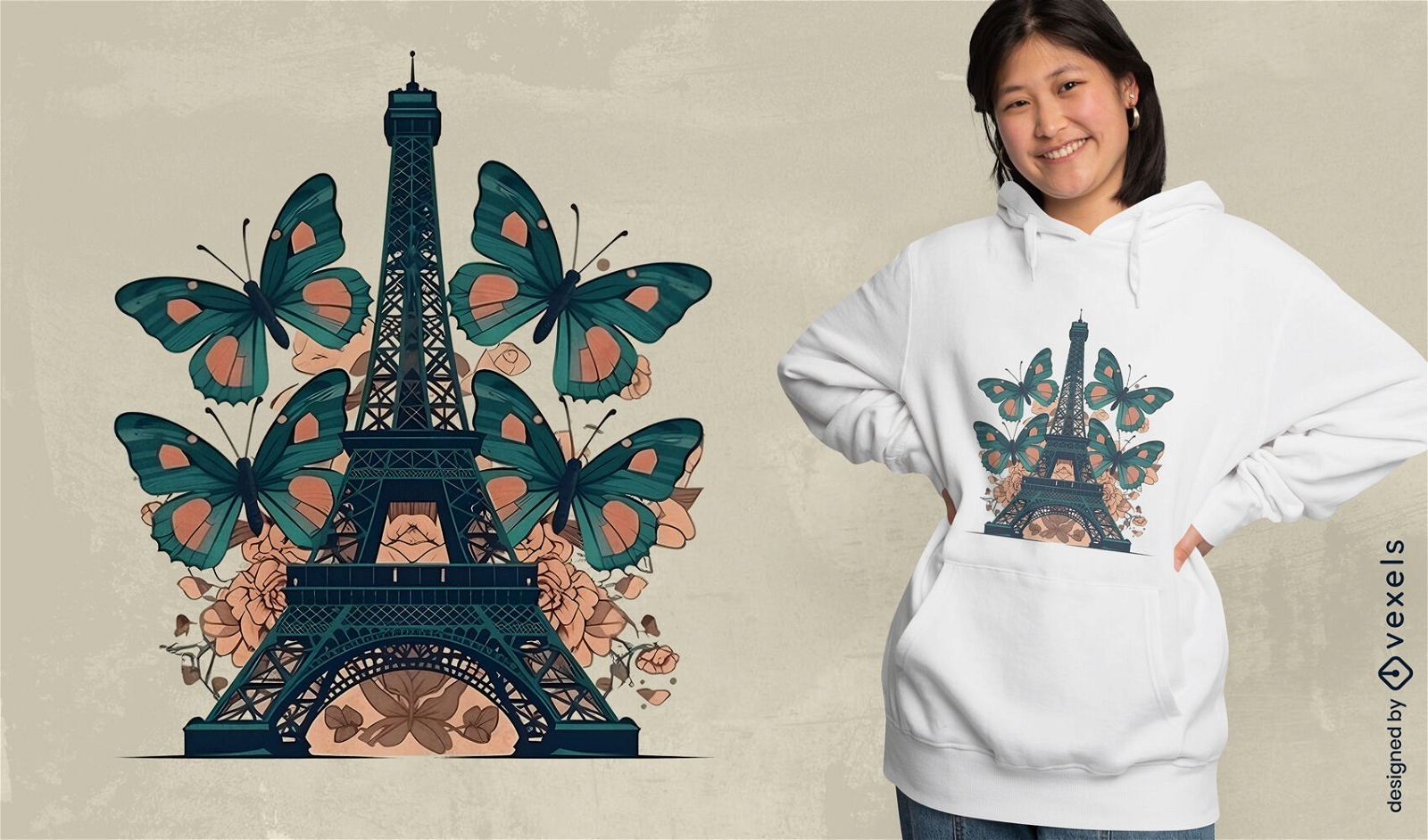 Diseño de camiseta Torre Eiffel con mariposas.