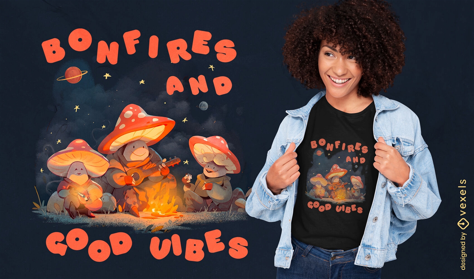 Design de camiseta de fogueira de personagens de cogumelos