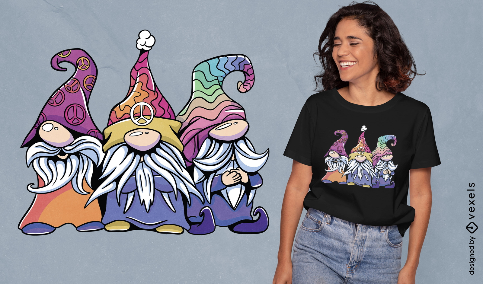 Diseño de camiseta de dibujos animados de gnomos hippie.