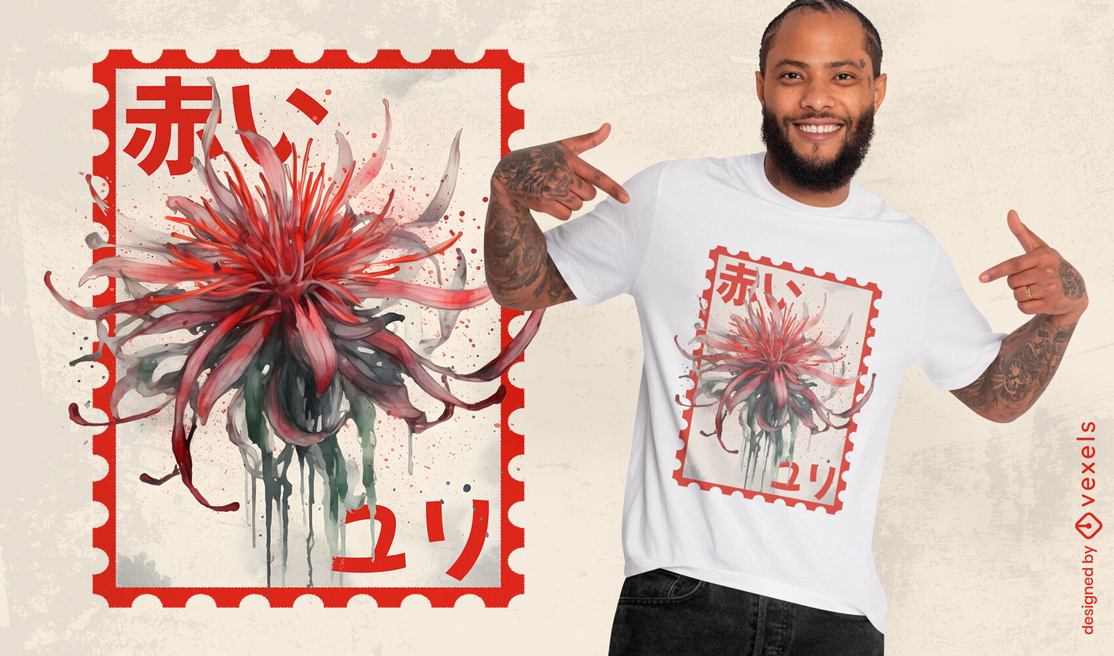 Diseño de camiseta con sello japonés Red Spider Lily.