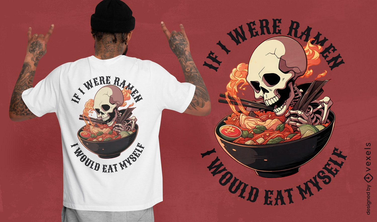 Design de camiseta de esqueleto comendo ramen