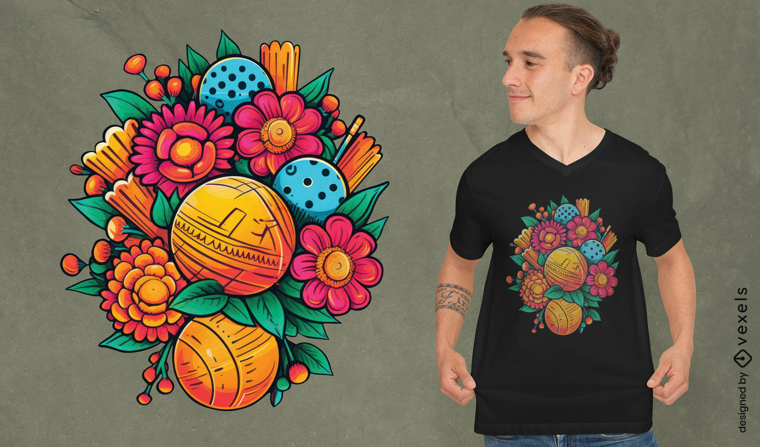 Diseño de camiseta de ramo floral de Pickleball.