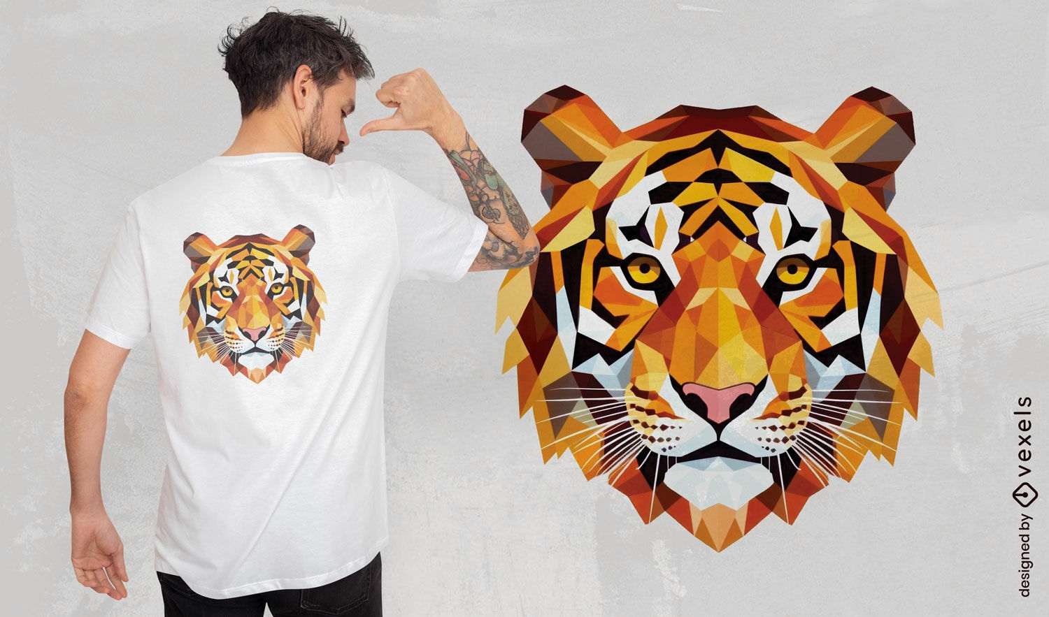 Diseño de camiseta con cara de tigre geométrica.