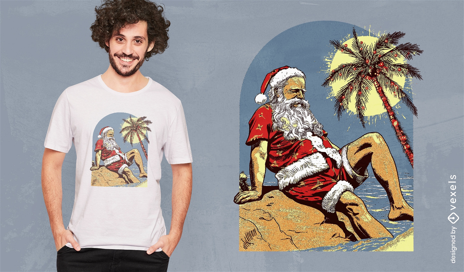 Design de camiseta tropical do Papai Noel na praia