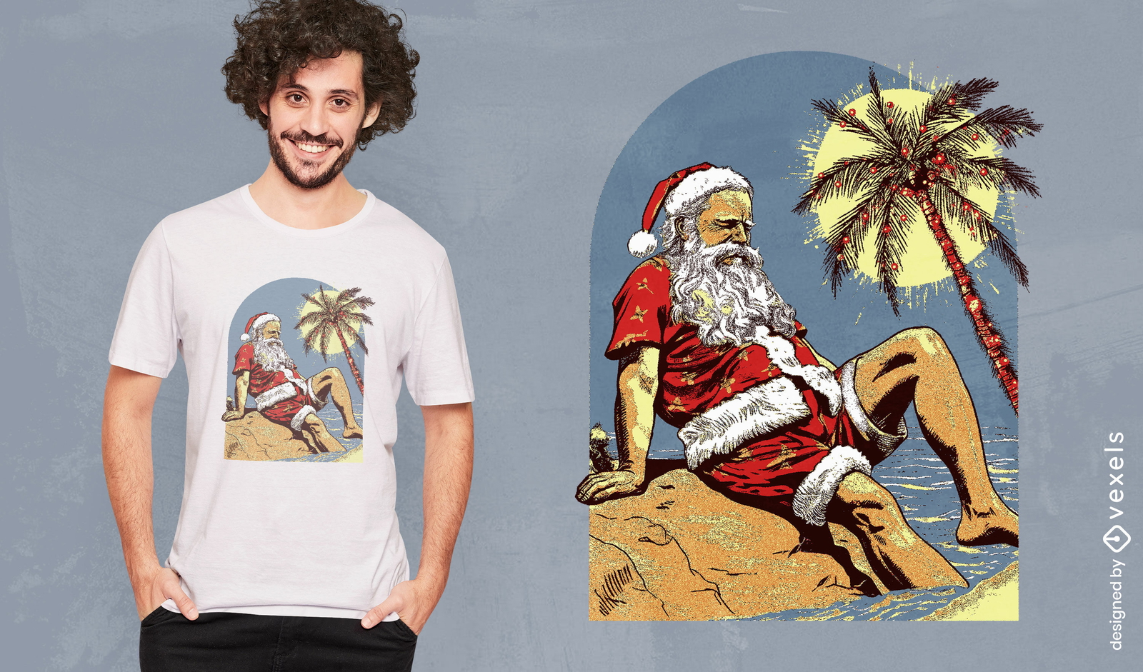 Diseño de camiseta tropical de Papá Noel en la playa.