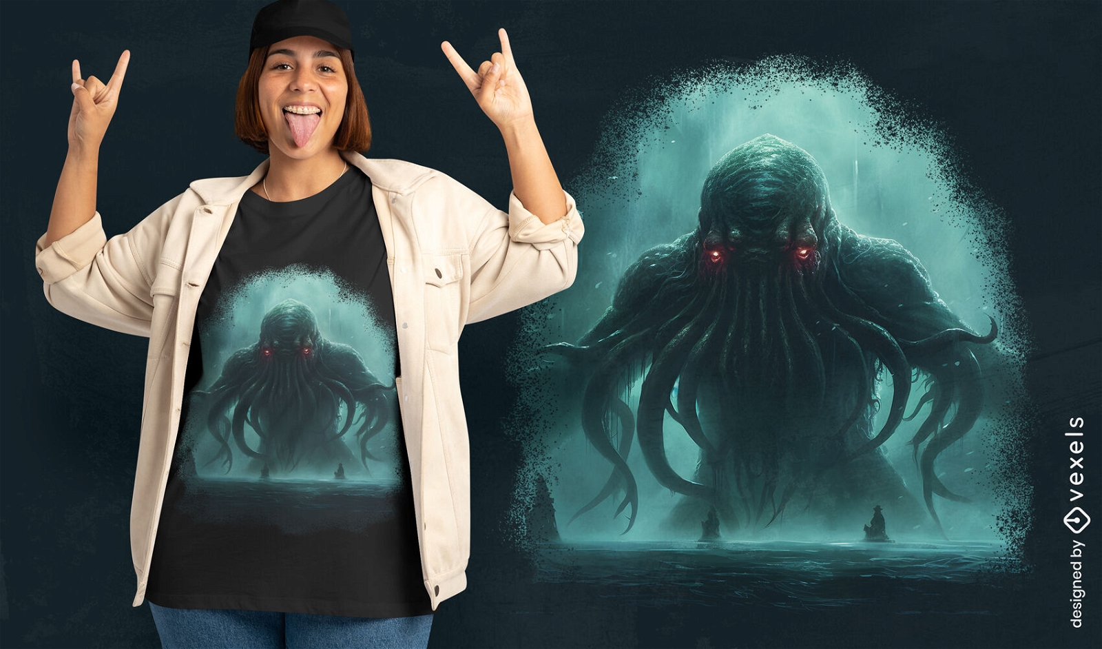 Diseño de camiseta del monstruo mítico Cthulhu.