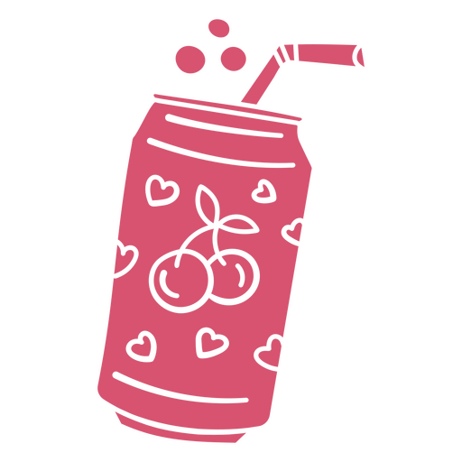 Can of cherry soda with a straw and hearts PNG Design
