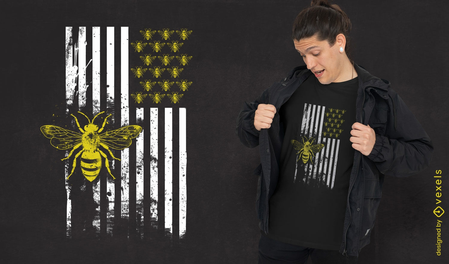 Design de camiseta com bandeira dos EUA com tema abelha
