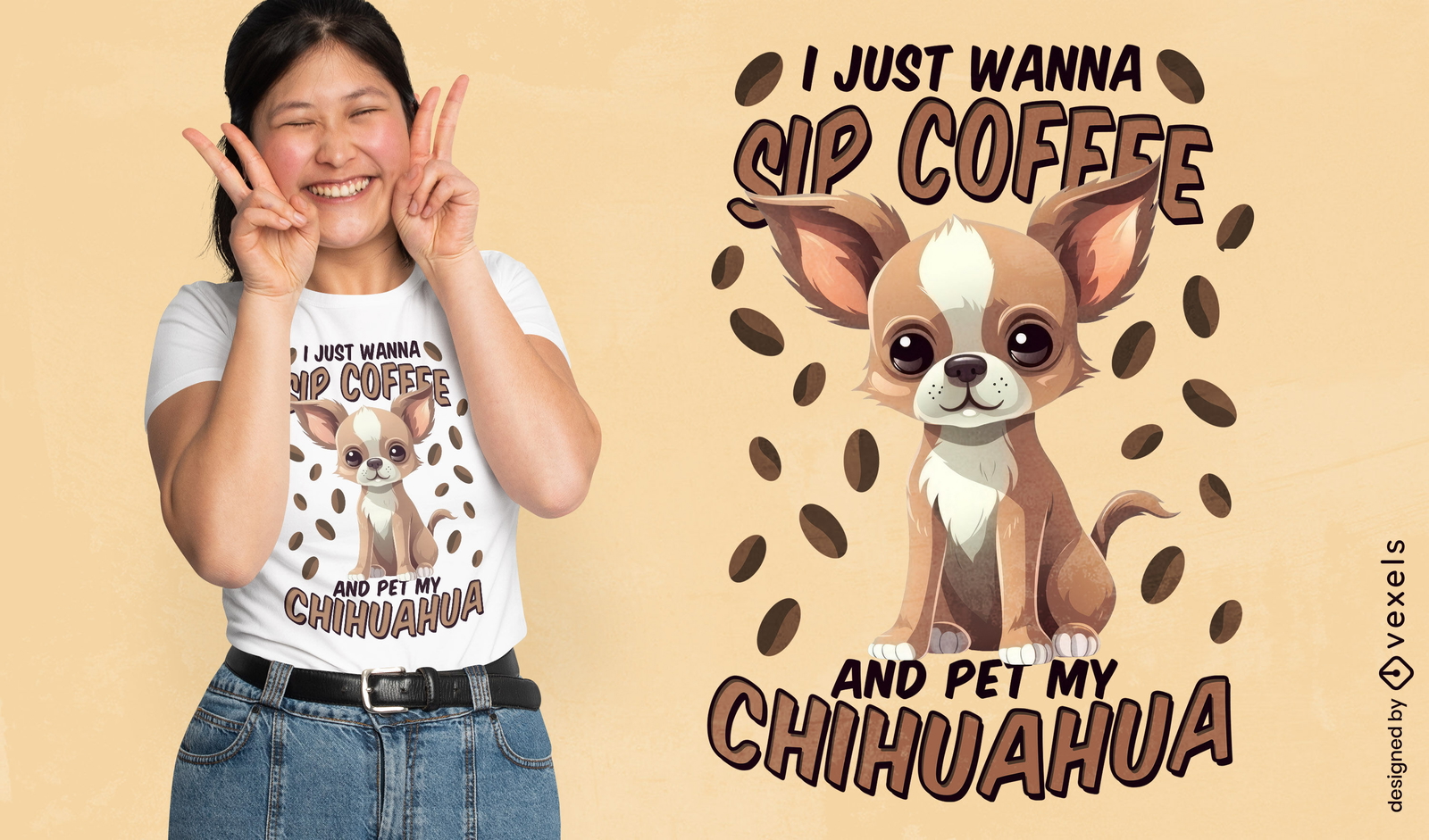 Design de camiseta de cachorro Chihuahua e grãos de café