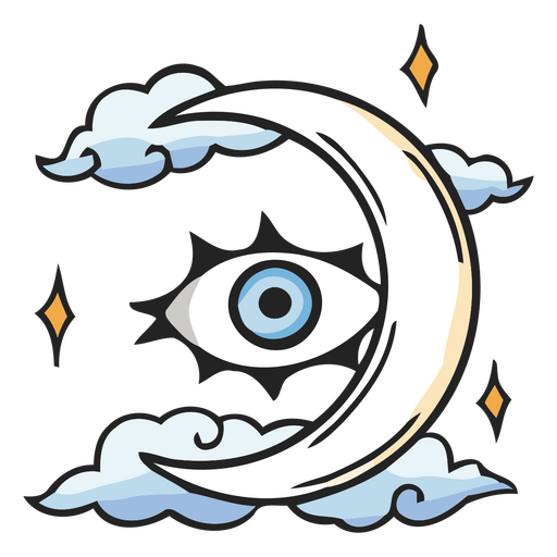 Media luna con ojos azules y nubes. Diseño PNG
