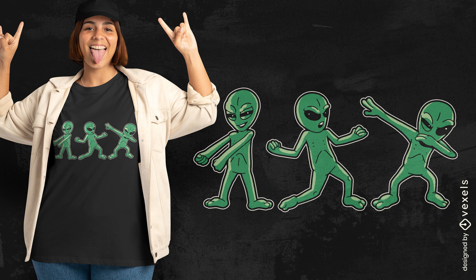 Diseño de camiseta de dibujos animados de extraterrestres bailando.