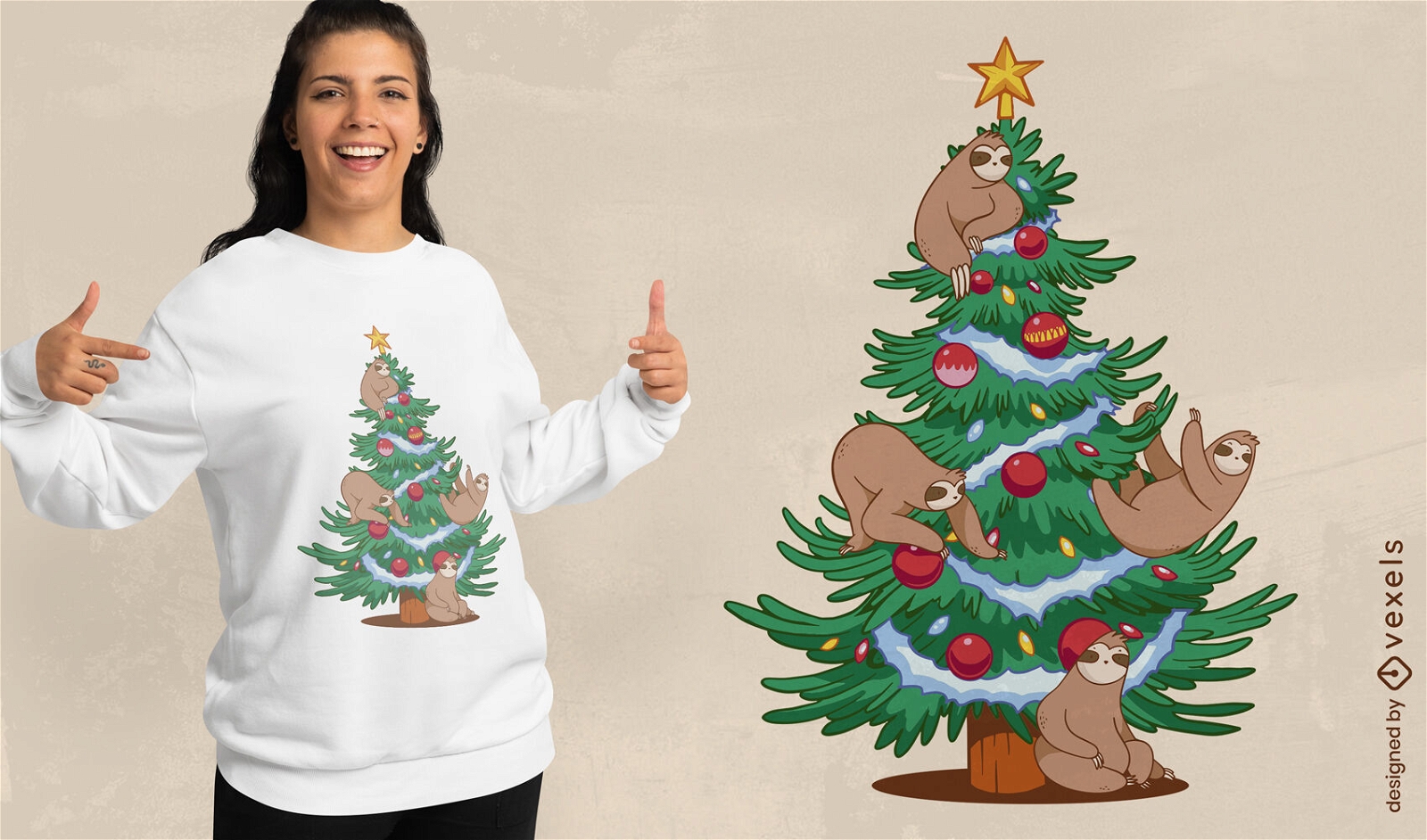 Diseño de camiseta de árbol de Navidad con perezosos.