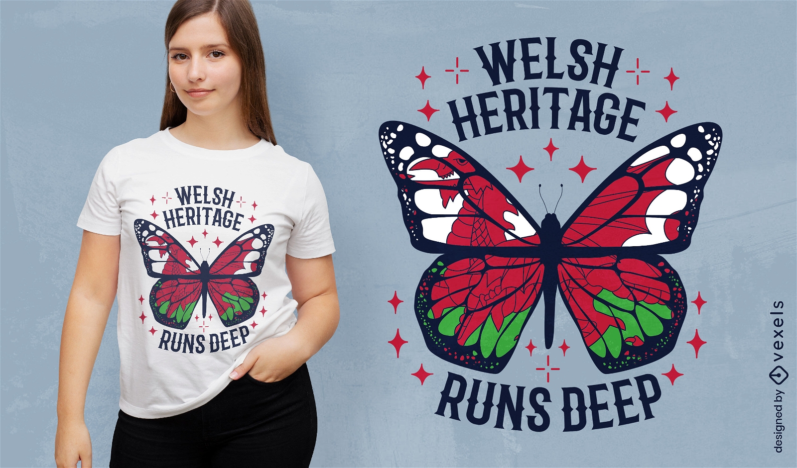 Bandeira galesa em design de camiseta borboleta