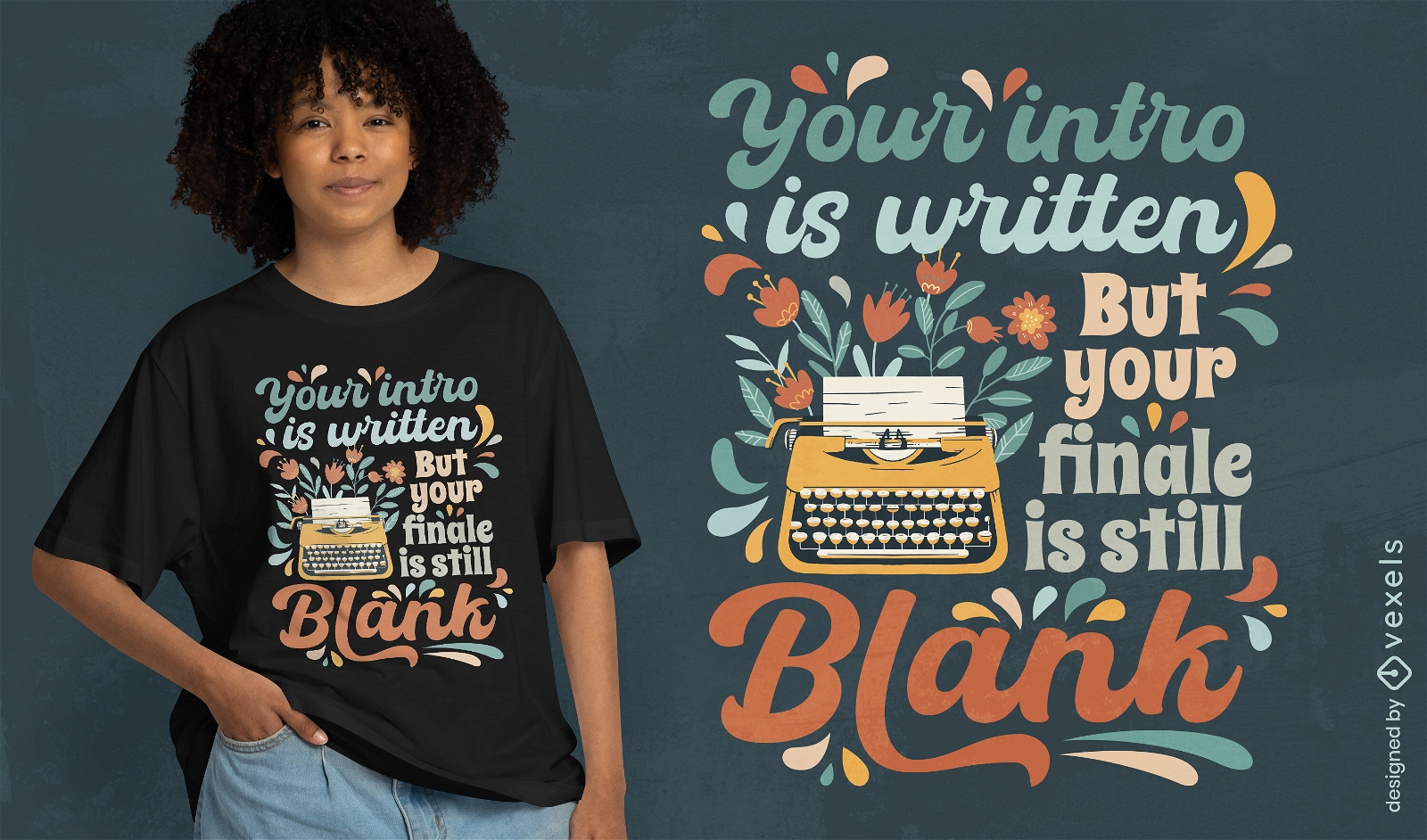 T-Shirt-Design mit Schreibmaschine und Blumen