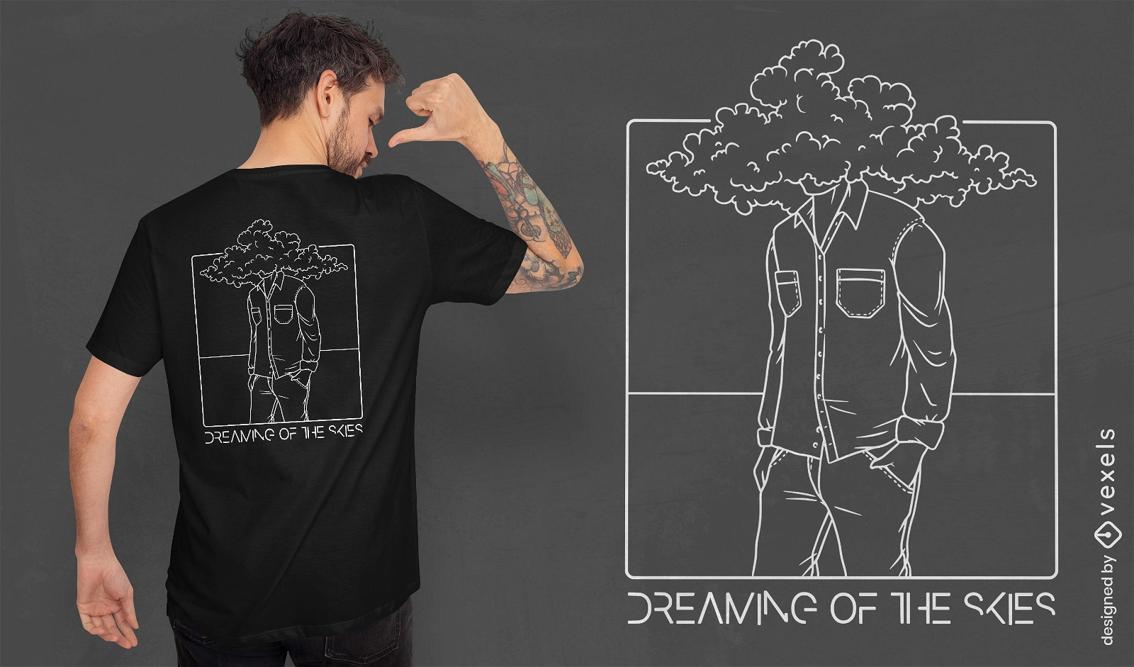 Homem com design de camiseta de cabe?a nas nuvens