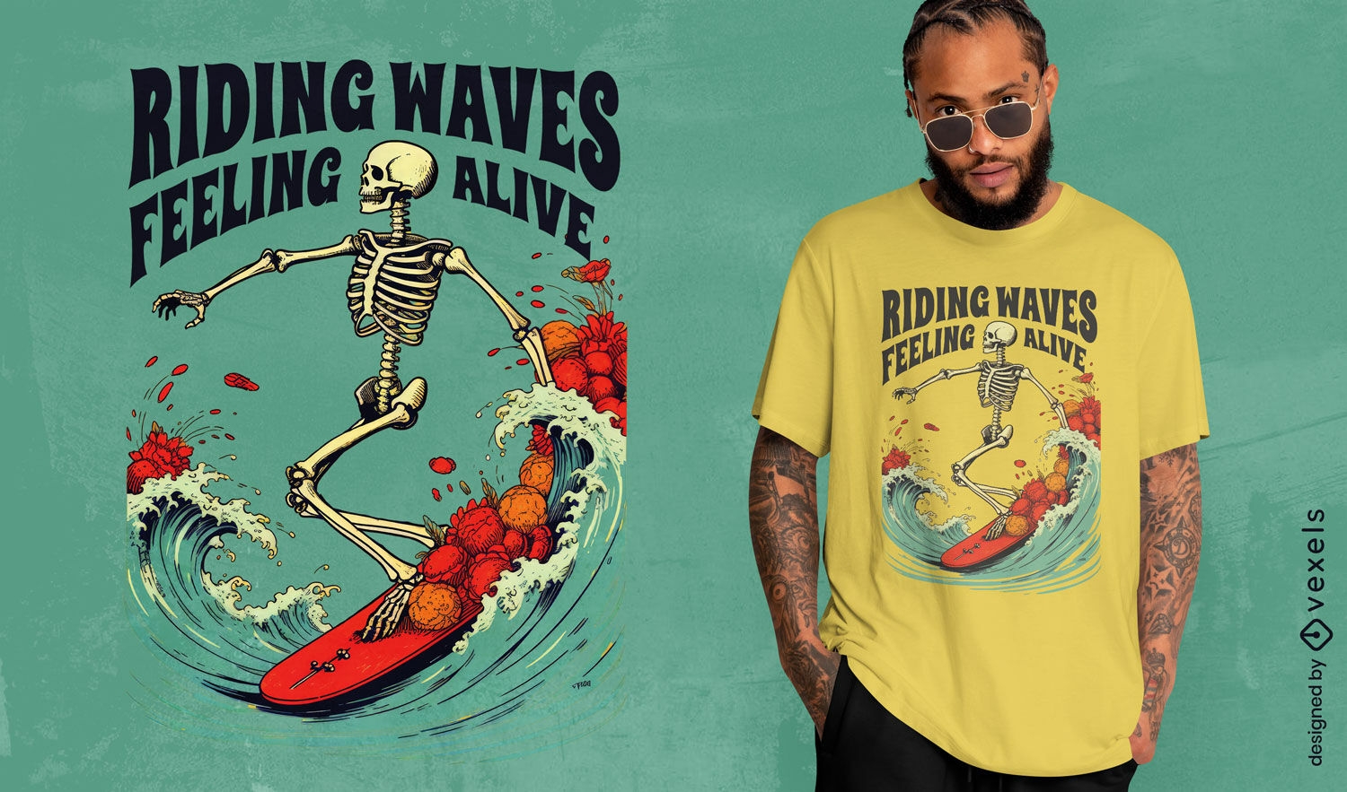 Riding waves skeleton t-shirt design
