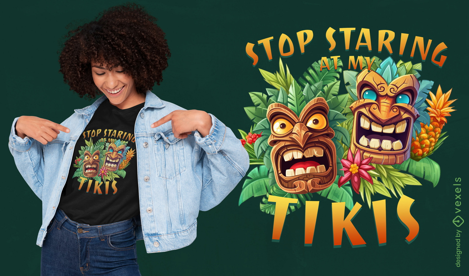 Diseño de camiseta de humor de tikis tropicales.