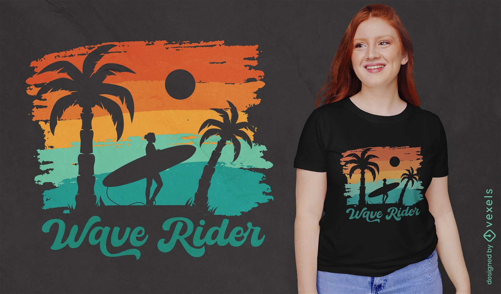 Diseño de camiseta de puesta de sol retro chica surfista