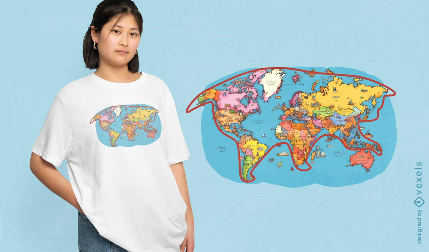 Diseño de camiseta de gato con mapa del mundo juguetón.