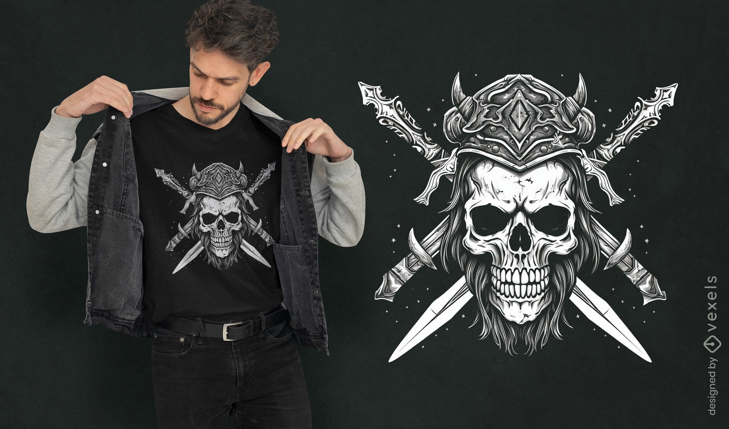 Design gráfico de camiseta com caveira de guerreiro