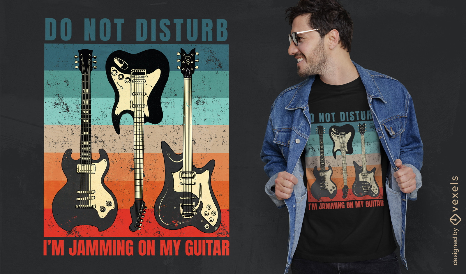 Design de camiseta retrô por do sol de guitarras elétricas