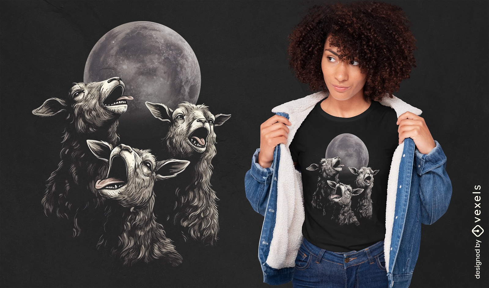 Diseño de camiseta de ovejas aullando a la luna.