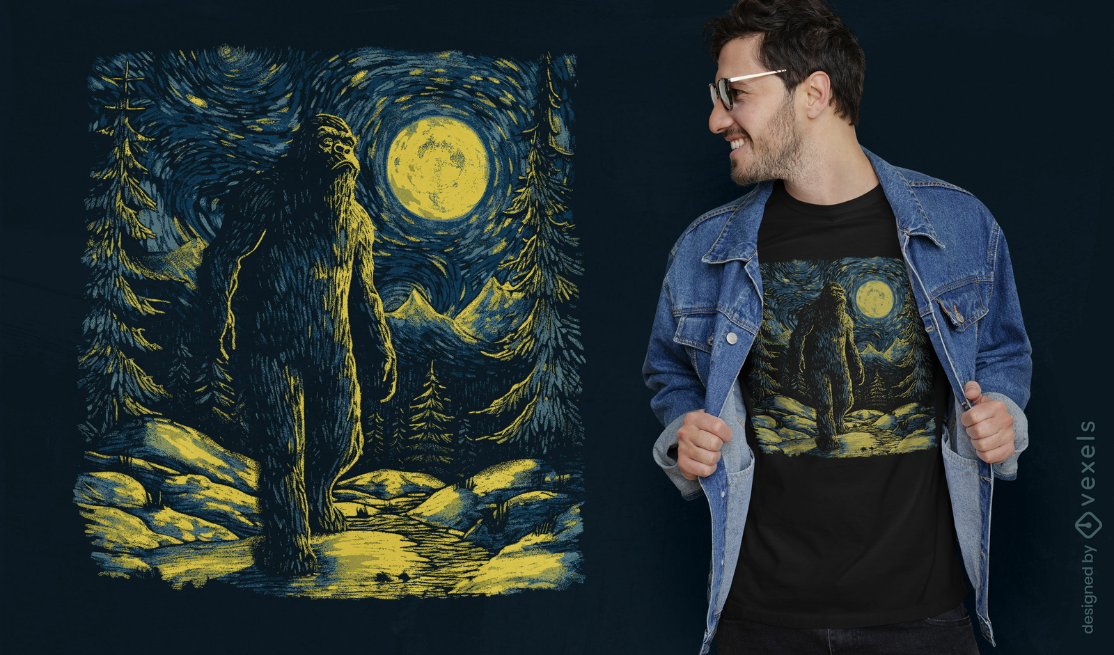 Diseño de camiseta Big Foot de noche estrellada.