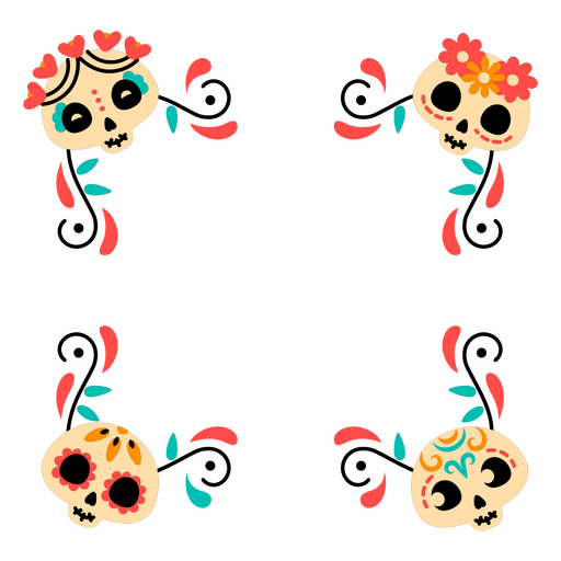 Tres calaveras de azúcar en un marco. Diseño PNG