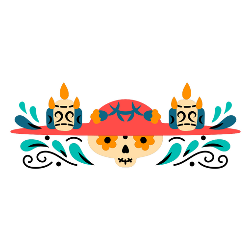 Diseño de calavera de azúcar colorida con detalles de velas ornamentadas. Diseño PNG