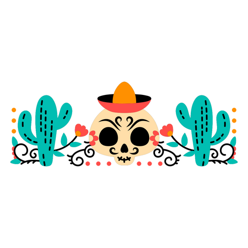 Calavera del día de muertos con cactus. Diseño PNG