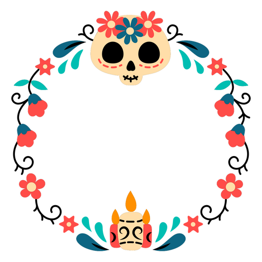 Marco del día de muertos con flores y calaveras. Diseño PNG