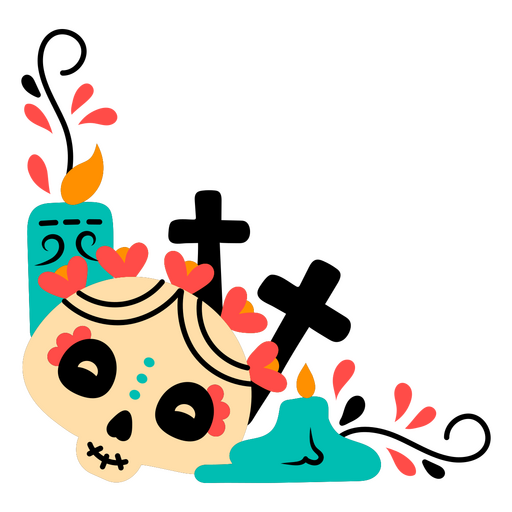 Calavera del día de muertos con velas y flores. Diseño PNG