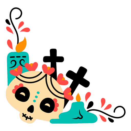 Day of the dead skull with candles and flowers PNG Design